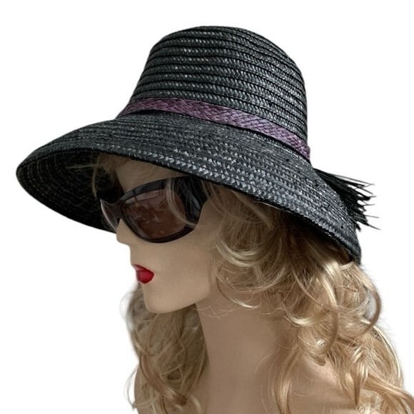 Vintage Black Purple Bow Wide Brim Sun Hat Woven Pleated Straw Beach Hat VG main image 4